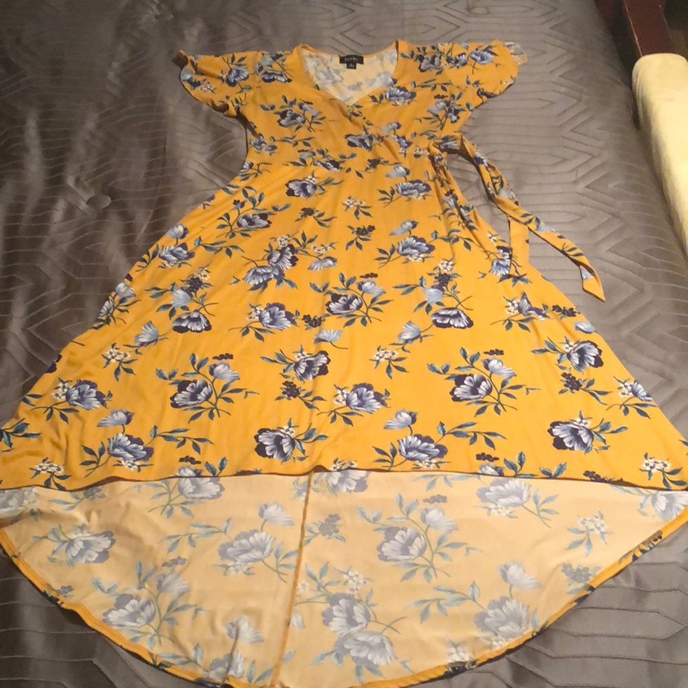 Hi-lo dress. Gold with blue flowers. Perfect dress for fall. Size Xl